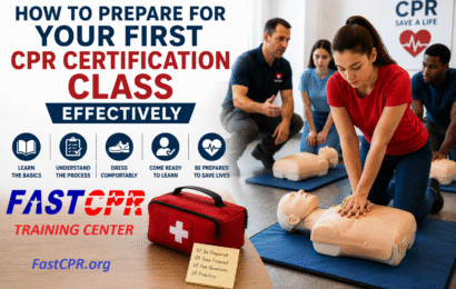 Student practicing CPR chest compressions on a training manikin during a CPR certification class while an instructor coaches participants in a modern classroom. Educational graphic highlights tips for preparing for a first CPR certification course, including learning the basics, understanding the process, dressing comfortably, arriving ready to learn, and preparing to save lives.
