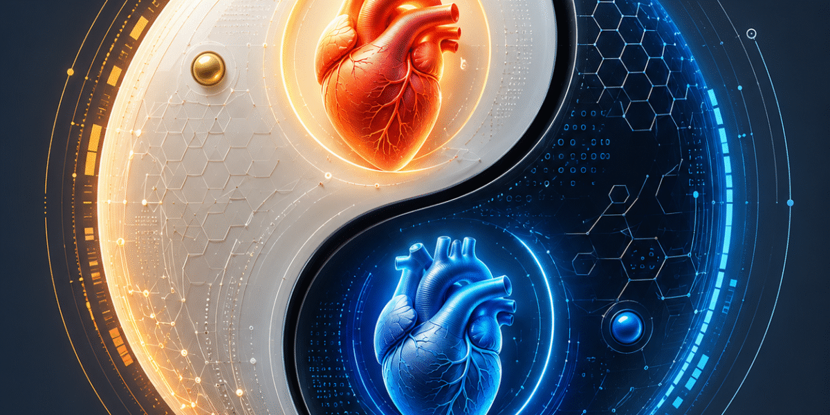 Futuristic 3D yin-yang symbol featuring two anatomically detailed human hearts, one glowing red and one glowing blue, surrounded by advanced digital circuitry, geometric patterns, and holographic elements. The high-tech design symbolizes balance, harmony, and the integration of traditional healing concepts with modern cardiovascular science.