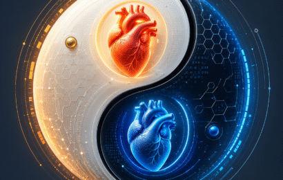 Futuristic 3D yin-yang symbol featuring two anatomically detailed human hearts, one glowing red and one glowing blue, surrounded by advanced digital circuitry, geometric patterns, and holographic elements. The high-tech design symbolizes balance, harmony, and the integration of traditional healing concepts with modern cardiovascular science.