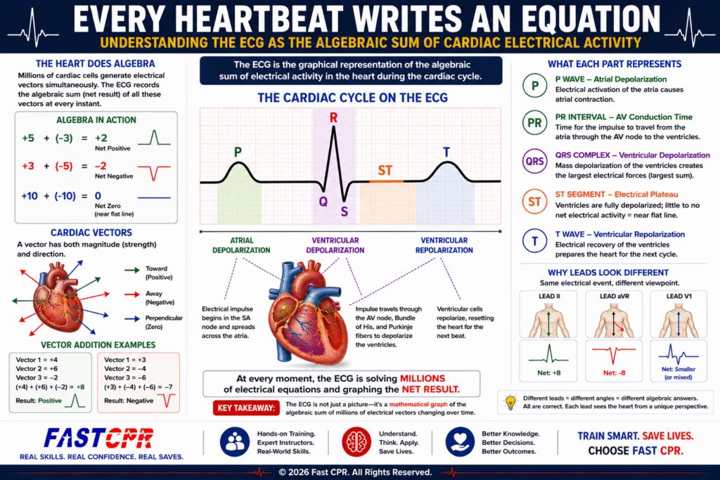 Infographic explaining cardiac electrical activity, cardiac vectors, depolarization, repolarization, and how the electrocardiogram graphically represents the algebraic sum of electrical activity in the heart.